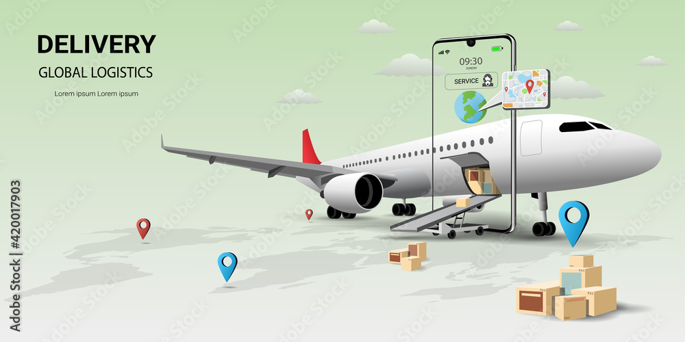 Online delivery service on mobile, Global logistic, transportation. Online order. Air freight logistics. airplane, warehouse and parcel box. Concept of web page design for website or banner. 3D Vector