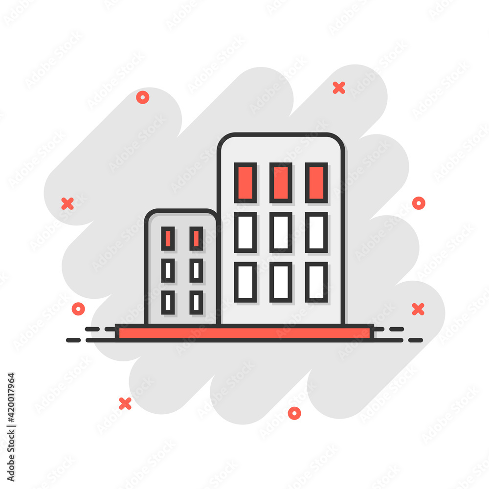 Obraz premium Vector cartoon building in comic style. House sign illustration pictogram. Building business splash effect concept.