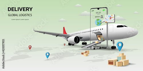 Online delivery service on mobile, Global logistic, transportation. Online order. Air freight logistics. airplane, warehouse and parcel box. Concept of web page design for website or banner. 3D Vector