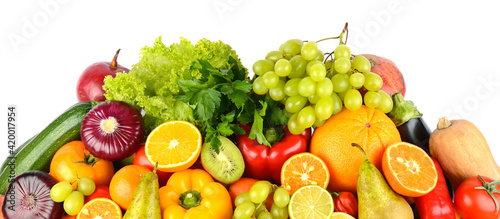 Big collection multi-colored juicy vegetables and fruits isolated on white background.