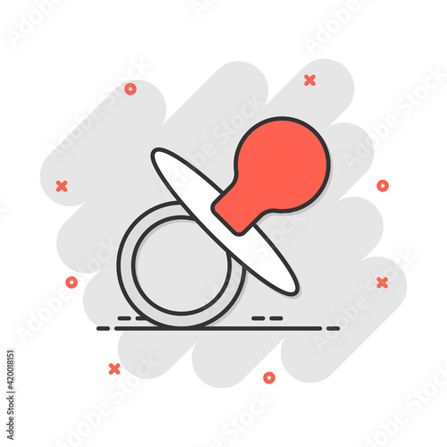 Vector cartoon baby pacifier icon in comic style. Child toy nipple sign illustration pictogram. Pacifier business splash effect concept.