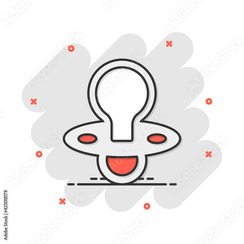 Vector cartoon baby pacifier icon in comic style. Child toy nipple sign illustration pictogram. Pacifier business splash effect concept.