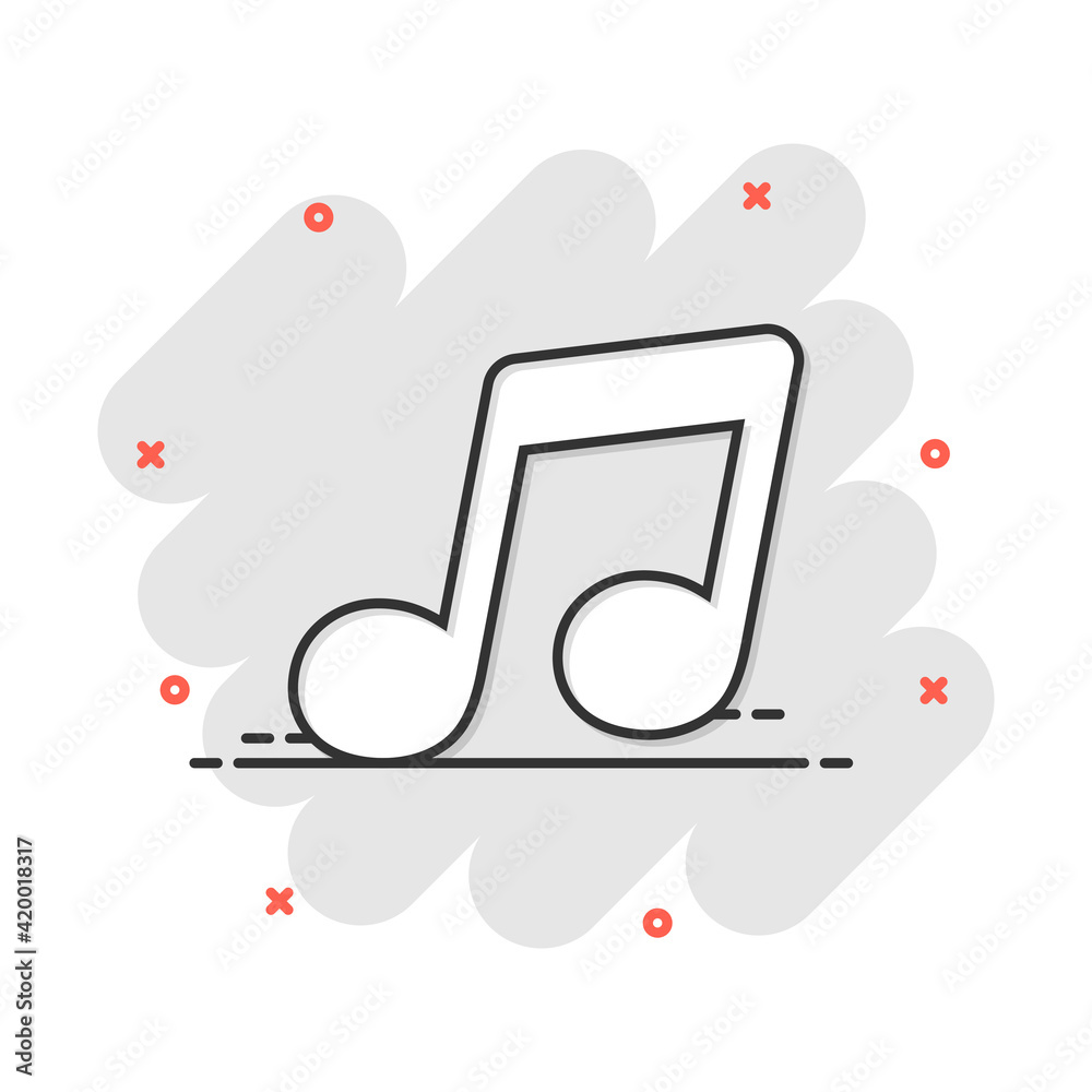 Vector cartoon music icon in comic style. Sound note sign illustration pictogram. Melody music business splash effect concept. Vector cartoon music icon in comic style. Sound note sign illustration pictogram. Melody music business splash effect concept.
