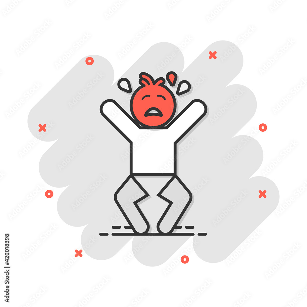 Vector cartoon crying baby icon in comic style. Anger emotions child sign illustration pictogram. Baby business splash effect concept.