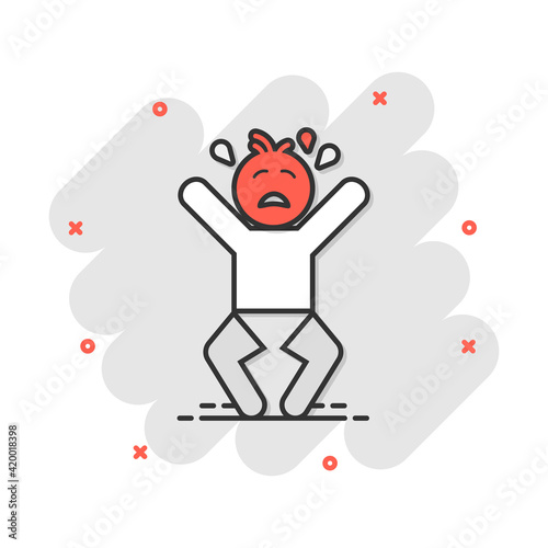 Vector cartoon crying baby icon in comic style. Anger emotions child sign illustration pictogram. Baby business splash effect concept.