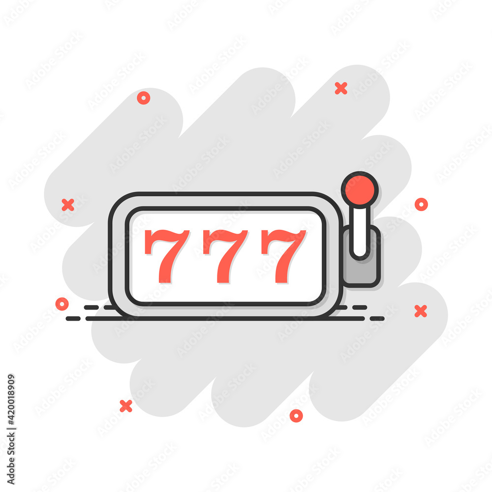 Vector cartoon casino slot machine icon in comic style. 777 jackpot sign illustration pictogram. Casino winner business splash effect concept.