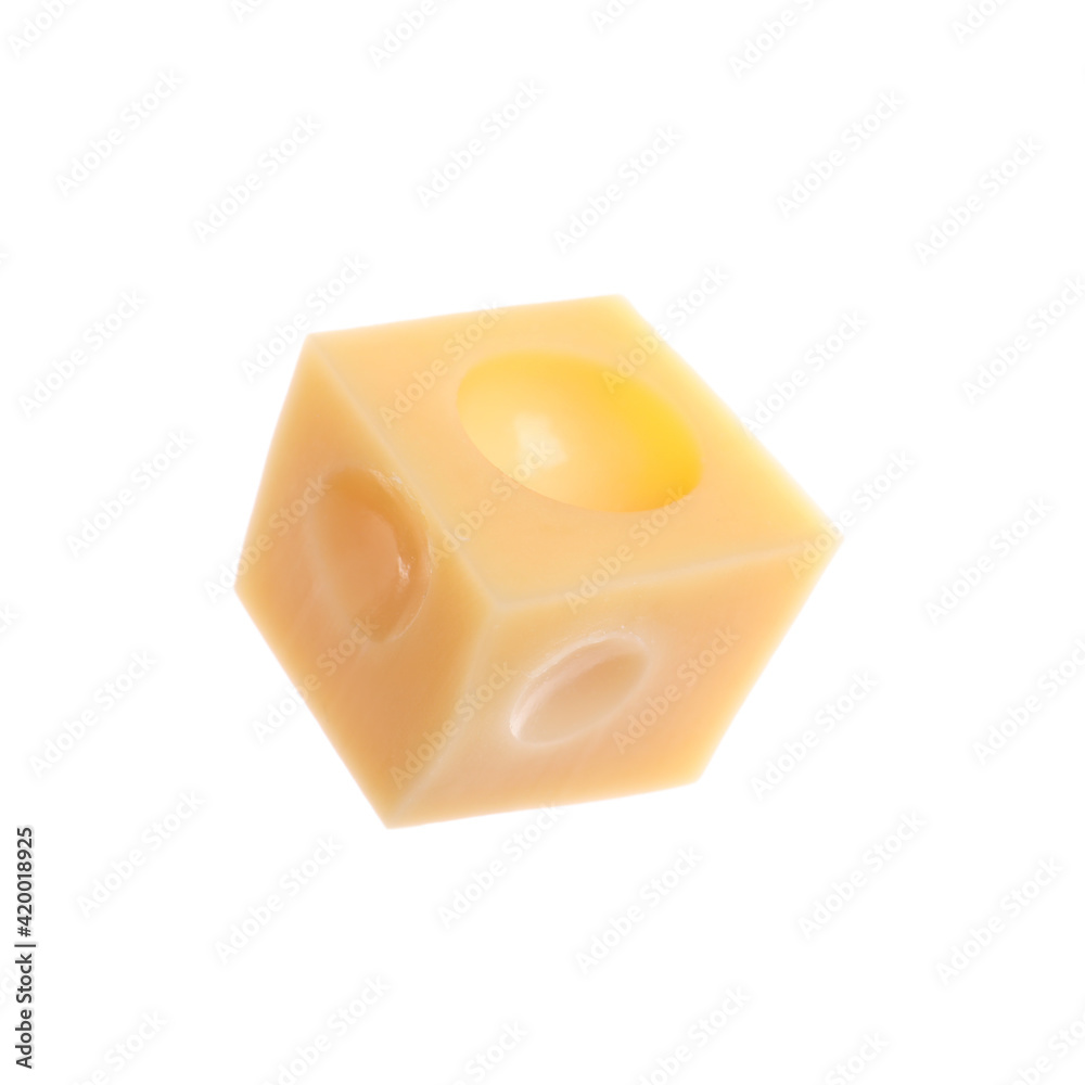 Piece of cheese with holes isolated on white Piece of cheese with holes isolated on white