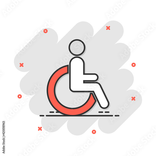 Vector cartoon man in wheelchair icon in comic style. Handicapped invalid sign illustration pictogram. People business splash effect concept.