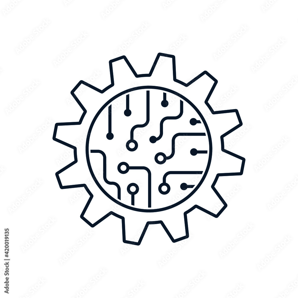 Gear, microcircuit. The concept of implementing systems for software automation of processes. Vector icon isolated on white background. Gear, microcircuit. The concept of implementing systems for software automation of processes. Vector icon isolated on white background.