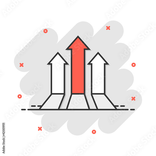 Vector cartoon arrow up icon in comic style. Forward arrow sign illustration pictogram. Cursor business splash effect concept.