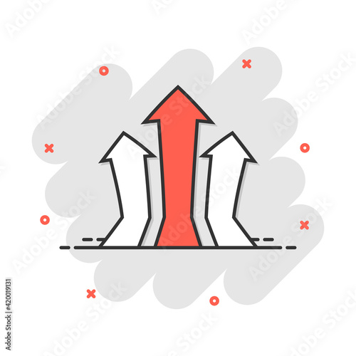 Vector cartoon arrow up icon in comic style. Forward arrow sign illustration pictogram. Cursor business splash effect concept.