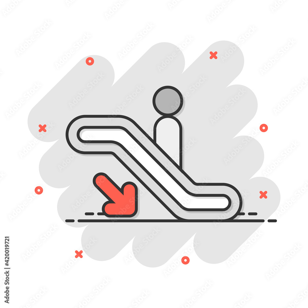 Vector cartoon escalator elevator icon in comic style. Escalator sign illustration pictogram. Elevator business splash effect concept. Vector cartoon escalator elevator icon in comic style. Escalator sign illustration pictogram. Elevator business splash effect concept.