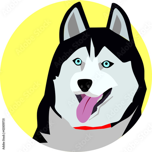 Dog with tongue sticking out, husky label for advertising, pet, sled dog for sled racing, human four-legged friend, purebred dog badge, red collar beast vector, animal contests advertisement
