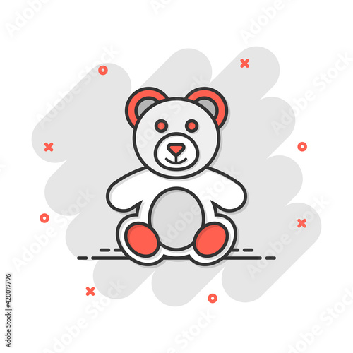 Vector cartoon teddy bear plush toy icon in comic style. Teddy toy sign illustration pictogram. Bear business splash effect concept.