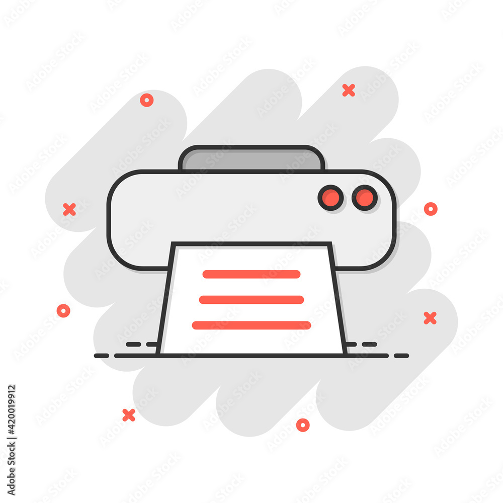 Vector cartoon printer icon in comic style. Document printing sign illustration pictogram. Printer business splash effect concept. Vector cartoon printer icon in comic style. Document printing sign illustration pictogram. Printer business splash effect concept.