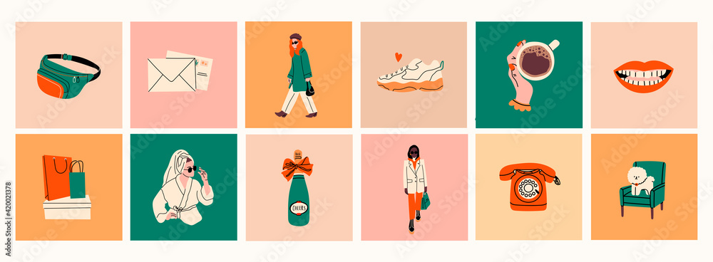 Stylish ladies wearing trendy clothes, coffee cup, sneakers. Modern woman Lifestyle. Work and sport fashion, spa relaxation and shopping concept. Various isolated icons. Hand drawn Vector set