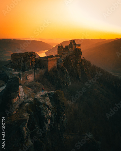 Aggstein castle ruin and Danube river at sunset in Wachau, Austria during spring