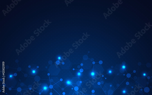 Abstract background of molecules. Molecular structures or DNA strands, genetic engineering, neural network, innovation technology, scientific research. Technological, science, and medicine concept