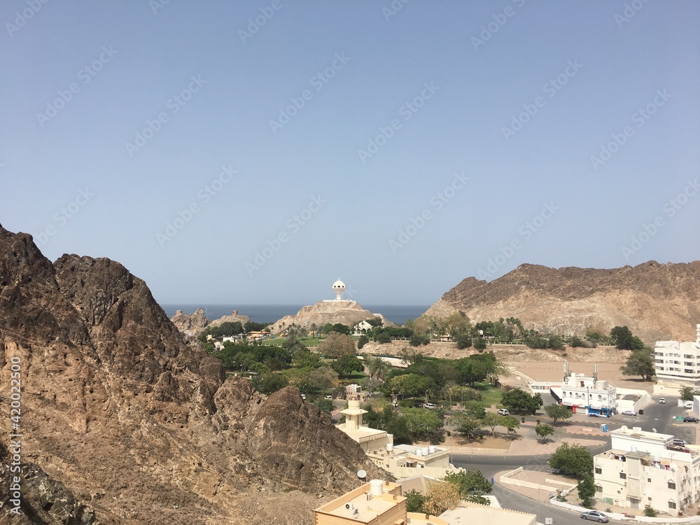 Mountains around Muscat, Oman with city views