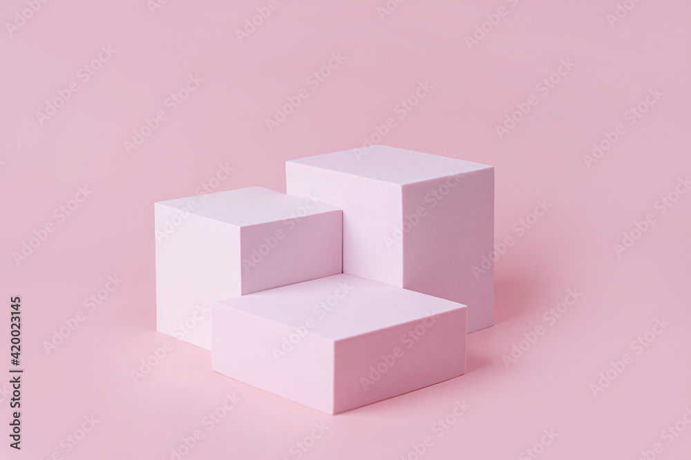 Geometric shapes podium for product display. Monochrome platform on pink background. Stylish background for presentation. Minimal style. - obrazy, fototapety, plakaty 