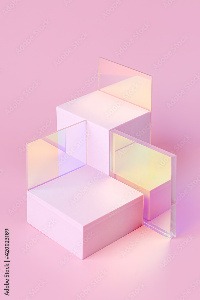 Geometric shapes podium for product display. Monochrome platform  with gloss acrylic sheets on pink background. Stylish background for presentation. Minimal style. - obrazy, fototapety, plakaty 