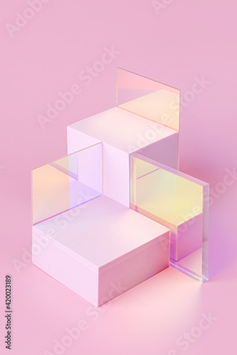 Geometric shapes podium for product display. Monochrome platform with gloss acrylic sheets on pink background. Stylish background for presentation. Minimal style.