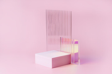 Empty podium for product display. Monochrome Pedestal with ribbed  glass on pink background. Stylish background for presentation. Minimal style.