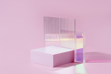 Geometric shapes podium for product display. Monochrome platform  with gloss acrylic sheets on pink background. Stylish background for presentation. Minimal style.