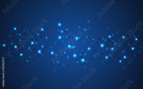 Abstract background of molecules. Molecular structures or DNA strands, genetic engineering, neural network, innovation technology, scientific research. Technological, science, and medicine concept