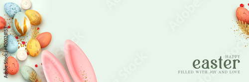 Easter horizontal banner, template header for website. Realistic 3d design elements. Spring holiday. Festive Easter eggs. Pink Bunny ears. View from above. blue background. Vector illustration