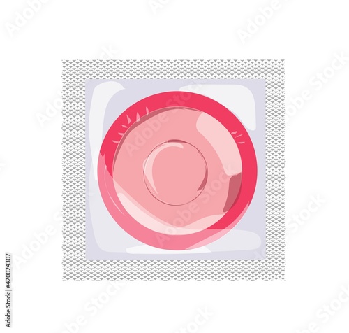 Pink condom in packaging isolated on the white background. Contraception. Protection against pregnancy and sexually transmitted diseases
