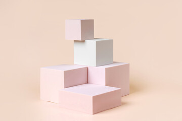 Geometric shapes podium for product display. Monochrome platform on pink background. Stylish background for presentation. Minimal style.