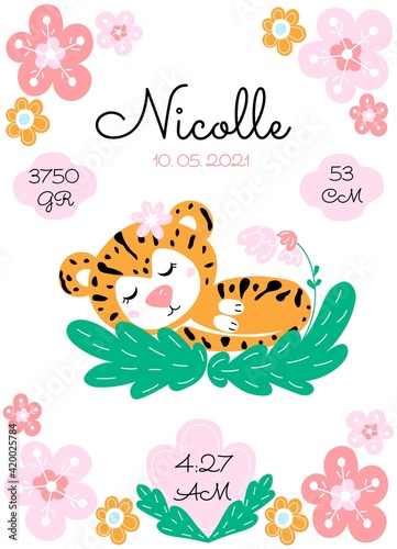 Personalize newborn baby metric poster with cute tiger and flowers on a white background. Date, cm, gr, time