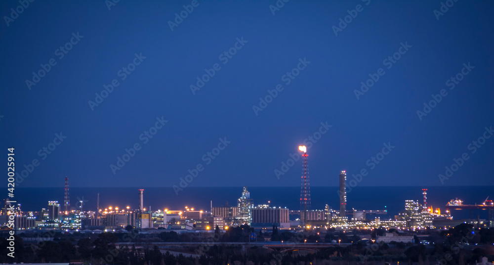 Petrochemical factory with flame