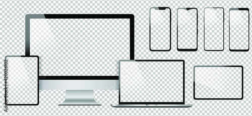 Realistic computer design vector icons. Notebook, tablet and smartphone illustration. Transparent background and isolated white screens. Apple, iMac, MacBook and iPhone mockup  copy collection. 