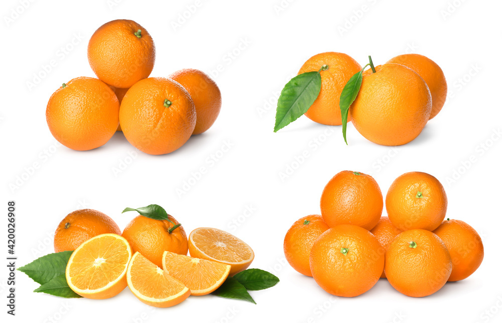Set with tasty ripe oranges on white background Set with tasty ripe oranges on white background