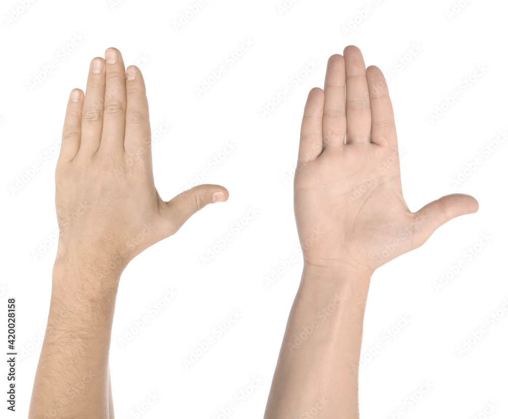 Man showing pale hand on white background, closeup. Anemia symptom Man showing pale hand on white background, closeup. Anemia symptom
