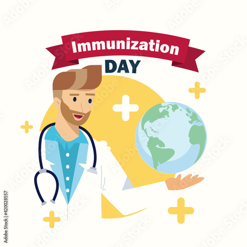 World Immunization Day poster, vaccination and doctor illustration vector
