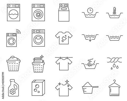 Set of laundry and drying machine line vector icons.
