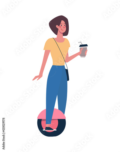 A woman rides a modern gyroboard, drinks coffee. Eco-friendly alternative transport. Vector illustration of a girl on a white background in a flat style