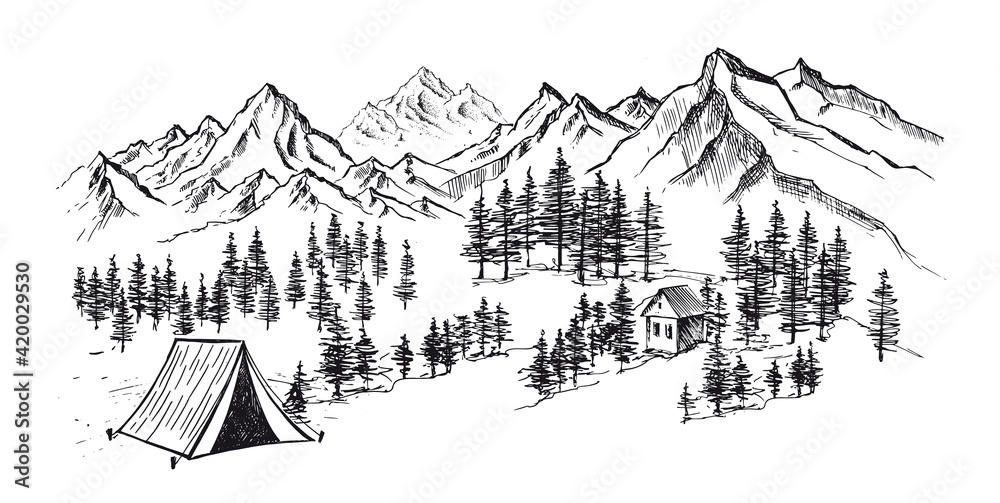 Camping in nature near mountains, hand drawn style, vector illustrations. 	