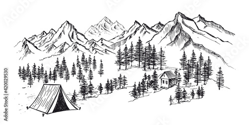 Camping in nature near mountains  hand drawn style  vector illustrations.  