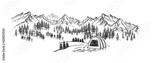 Camping in nature near mountains, hand drawn style, vector illustrations. 	