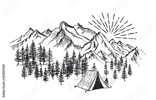 Camping in nature, Mountain landscape, sketch style, vector illustrations. 	