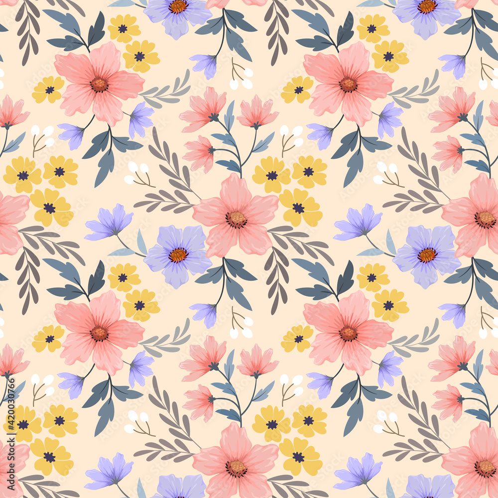Floral seamless pattern with pink monochrome background for fabric, textile, and wallpaper. Floral seamless pattern with pink monochrome background for fabric, textile, and wallpaper.