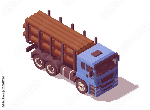 Isometric timber carrier truck. Vector illustration