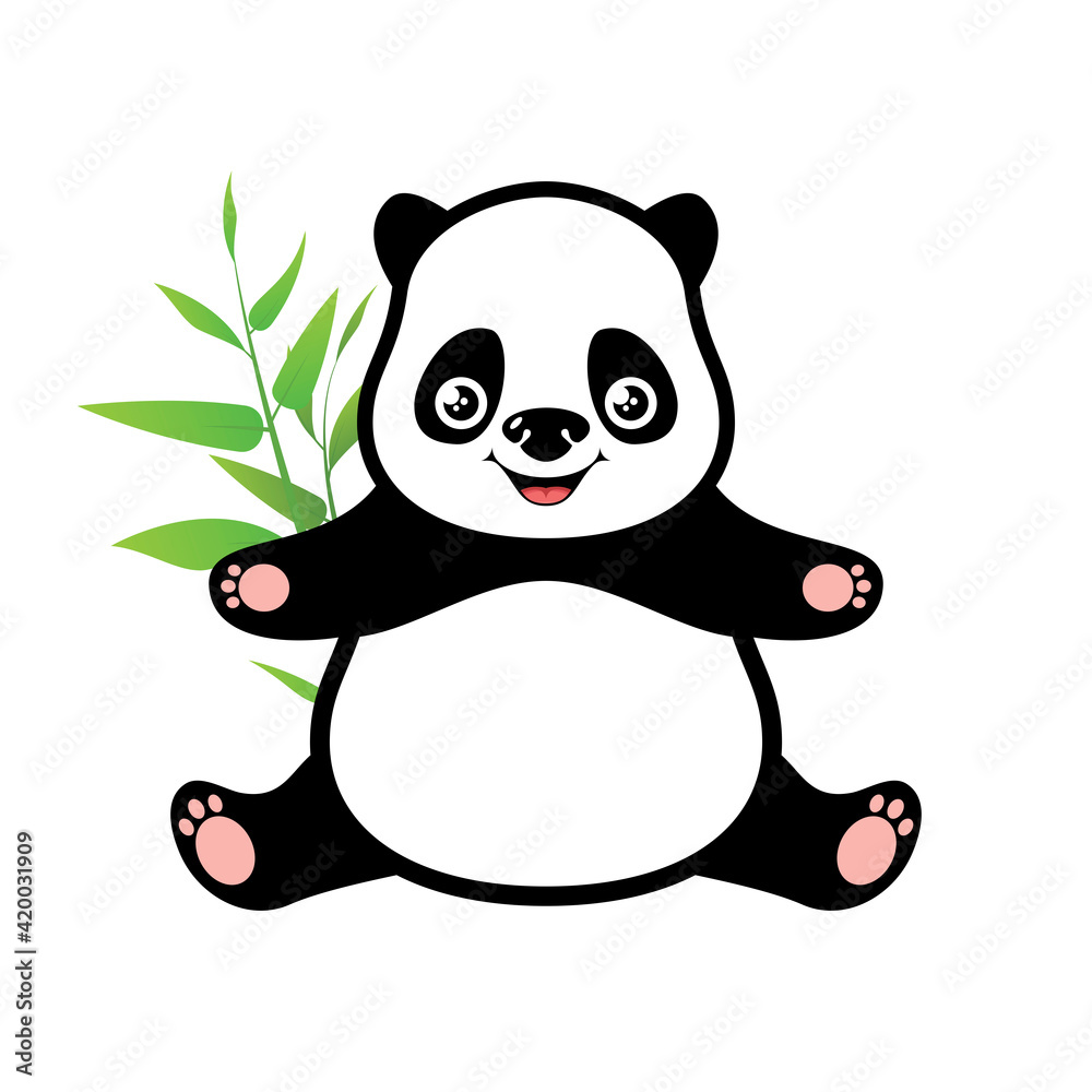 Cute sitting panda with bamboo icon vector. Adorable baby panda icon isolated on a white background. Cheerful giant panda bear clip art