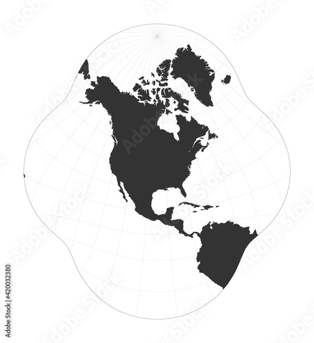 Map of the world. Modified stereographic projection for the conterminous United States. Globe with latitude and longitude net. World map on meridians and parallels background. Vector illustration.