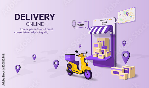Fast delivery package by scooter on mobile phone. Online delivery service. Internet e-commerce.  concept of web page design for website, banner and mobile website. Perspective Vector illustration