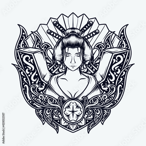 tattoo and t-shirt design black and white hand drawn illustration geisha engraving ornament